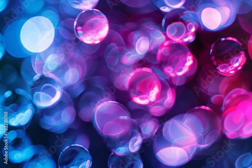Closeup of abstract background with round shaped cells of vaccine of different sizes illuminated by colorful light