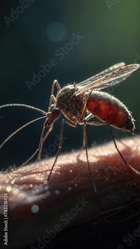 Close-Up Mosquito Feeding on Human Skin in Natural Light photo