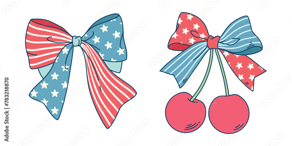 Cherry and ribbon illustration. Coquette cherries with ribbon bow. This illustration has an American Independence Day theme. - obrazy, fototapety, plakaty 