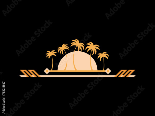 Art deco palm trees in line art style in gold color. Tropical palm trees against the background of the sun with space for text. Golden silhouettes of palm trees. Vector illustration