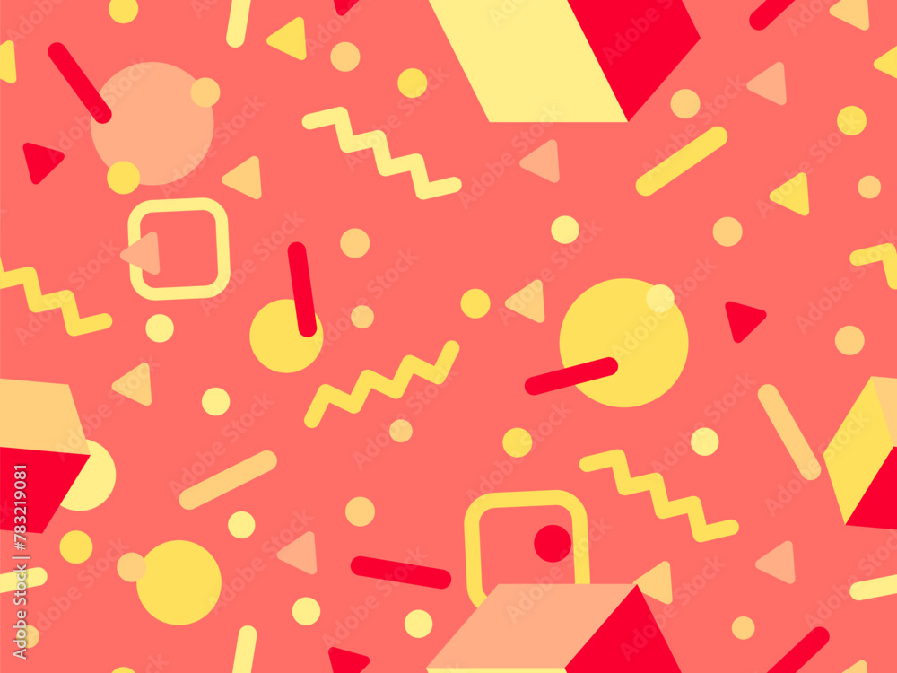 Geometric seamless pattern with 3D shapes in the style of the 80s and 90s. Isometric 3D shapes in Memphis style. Design of promotional products, wrapping paper and printing. Vector illustration Geometric seamless pattern with 3D shapes in the style of the 80s and 90s. Isometric 3D shapes in Memphis style. Design of promotional products, wrapping paper and printing. Vector illustration