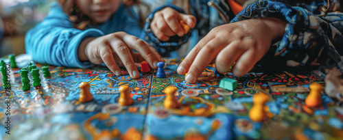 Children's hands playing strategic board game