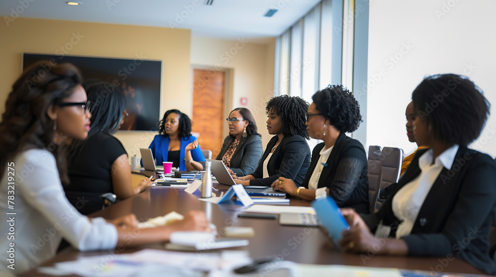 A group of women are sitting around a table in a conference room