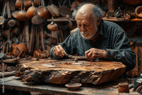 Senior craftsman in workshop carving wooden table, focused expression, surrounded by chisels, craftsmanship, skill displayed........