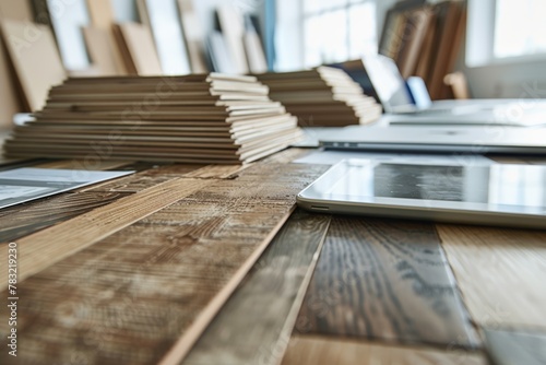 Piled high, stacks of cardboard folders near laptops on a rustic wooden table, capturing the essence of a busy workspace...
