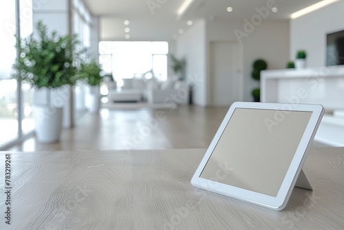 Digital tablet perched on a light wood table in a minimalist room filled with sunlight, plants in the soft-focused background...