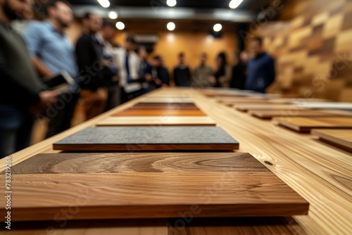 Foreground focused wooden samples lined up on a table, blurred audience in the background attending a design presentation...