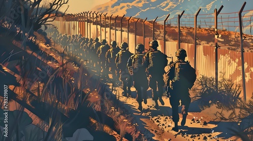 Dramatic Illustration of Soldiers Marching Along a Fence at Sunset. Military Patrol in a Hostile Area. Evocative Digital Artwork. AI