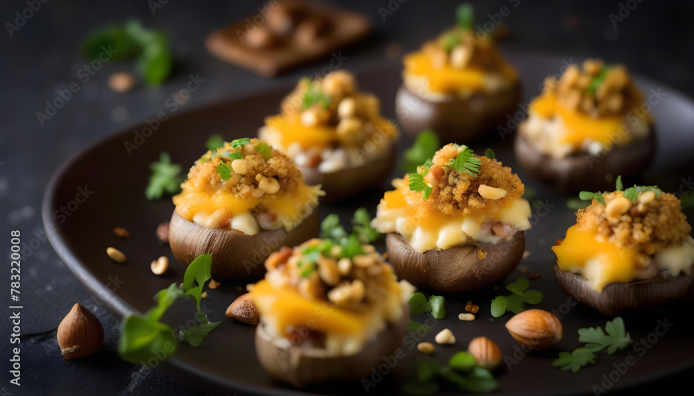 A close-up of stuffed mushrooms on a plate with cheese, bread crumbs, and nuts, with a dark stone background. A close-up of stuffed mushrooms on a plate with cheese, bread crumbs, and nuts, with a dark stone background.