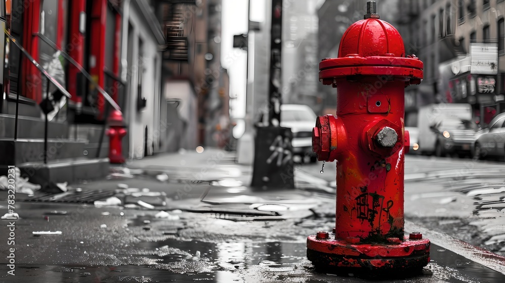 Vibrant red fire hydrant on a desolate urban street, selective color technique, city life concept. Artistic urban photography for design use. AI Vibrant red fire hydrant on a desolate urban street, selective color technique, city life concept. Artistic urban photography for design use. AI