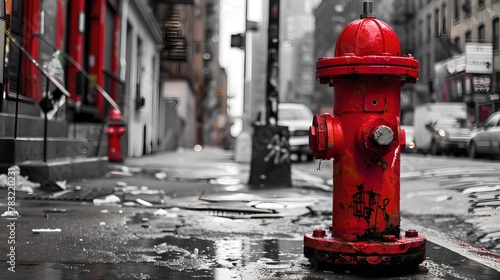 Vibrant red fire hydrant on a desolate urban street, selective color technique, city life concept. Artistic urban photography for design use. AI photo