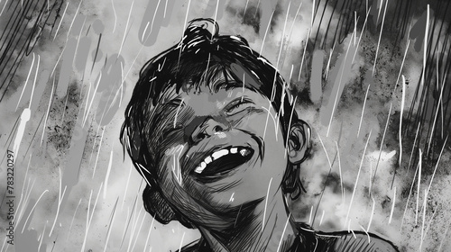 Esboço de um garoto sorrindo na chuva - Desenho photo