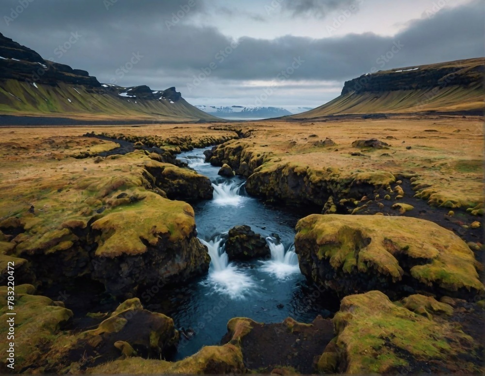 A beautiful landscape with a waterfall and a reservoir in the mountains. Wild nature and an incredibly beautiful view.