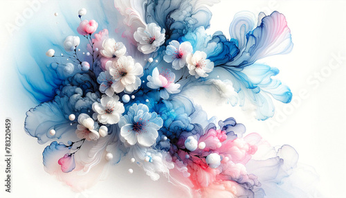 abstract paint white sakura flower branch with blue and pink fluid ink on a white background and copy space.