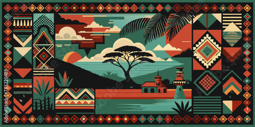 African background with geometric traditional pattern. Africa culture ethnic ornament for fabric or textile. Illustration featuring an african landscape with traditional patterns and nature motifs
