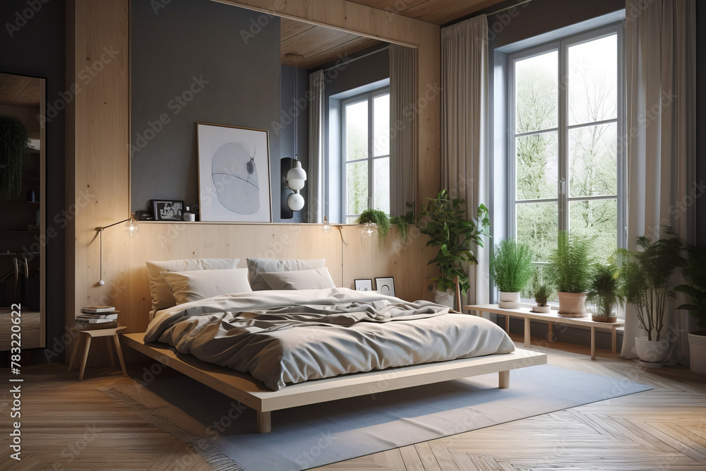 Fototapeta premium Cozy interior of bedroom in modern house in Scandi style.