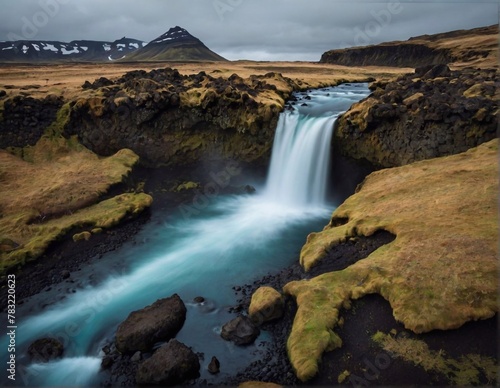 A beautiful landscape with a waterfall and a reservoir in the mountains. Wild nature and an incredibly beautiful view.