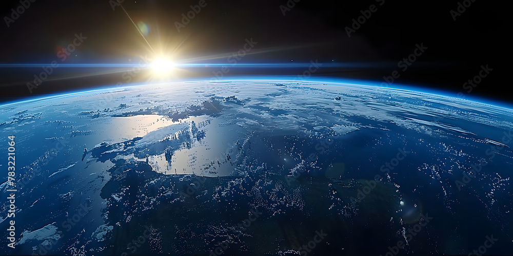 wide shot of the earth from space, blue horizon, black sky, bright sun in upper wide shot of the earth from space, blue horizon, black sky, bright sun in upper
