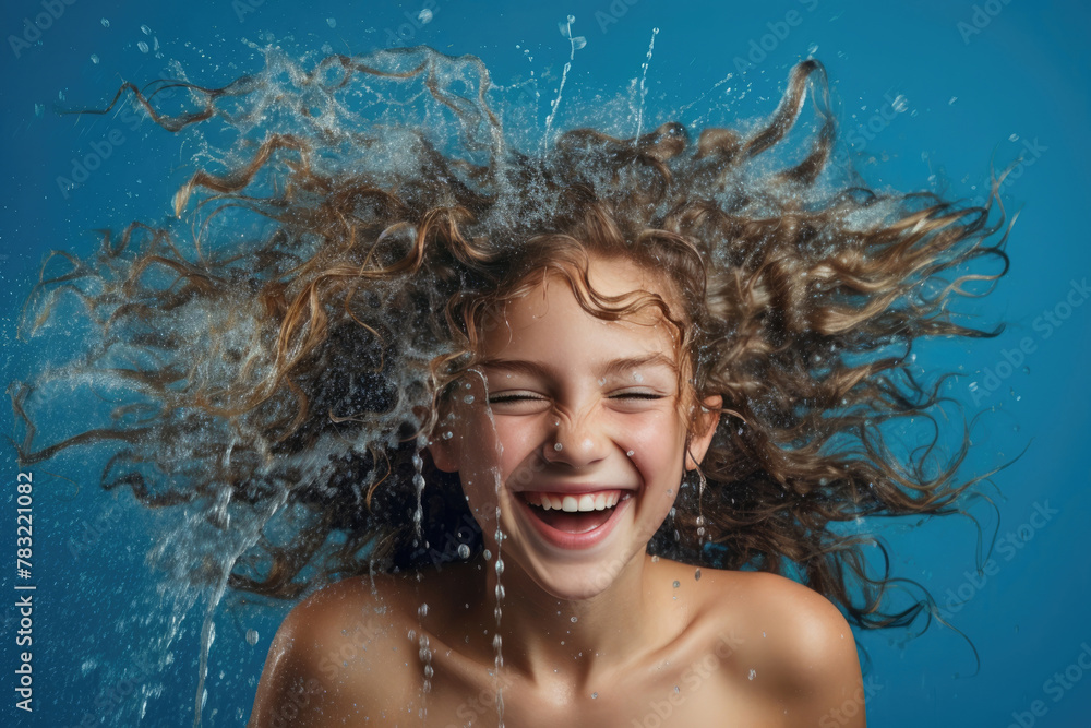 beauty happy laughing girl with splashes of water on blue background