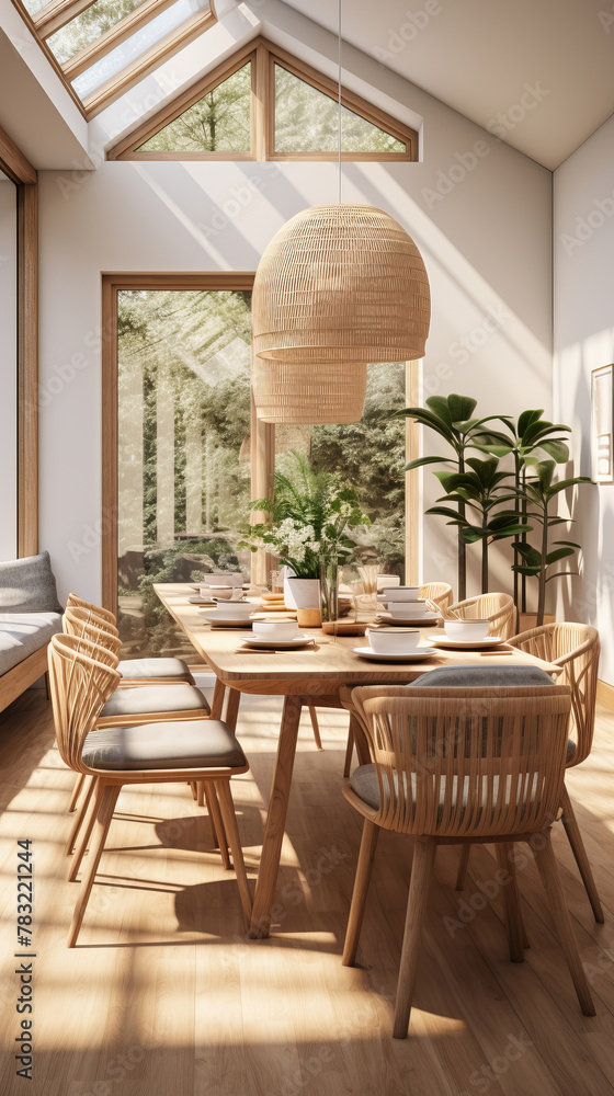 Fototapeta premium A dining room with Scandinavian design elements with light wood furniture.