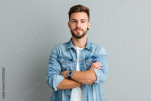 Young handsome business man dressed in casual denim shirt with smartwatch on wrist, isolated on gray background . photo on white isolated background photo
