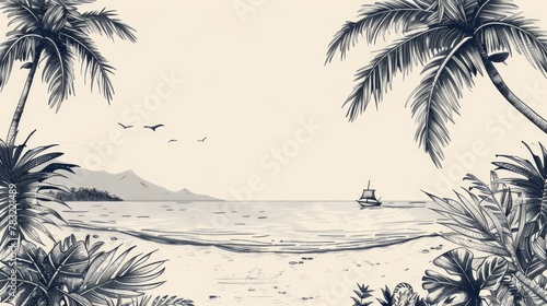 Vintage Palm Beach and Sailing Boat Illustration