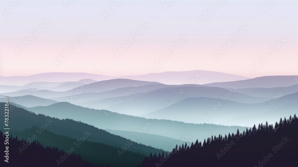 Pastel Dawn Over Forested Mountain Range