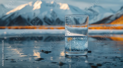 A transparent glass glass with drinking mountain water on the background of snow-capped mountains. The concept of drinking mineral water