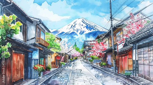 A watercolor landscape painting of a city with Fuji mountain in background, Generative AI	