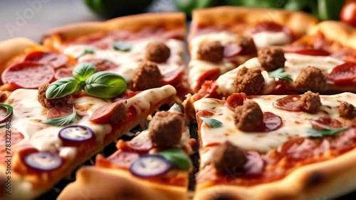 Delicious pepperoni pizza with mozzarella cheese meat balls and basil straight out of the oven. Tasty Italian pizza - food and drink 4k footage photo