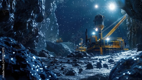 A secretive oil extraction site on an asteroid, with machinery glowing in stark contrast against the backdrop of space, 3D illustration photo