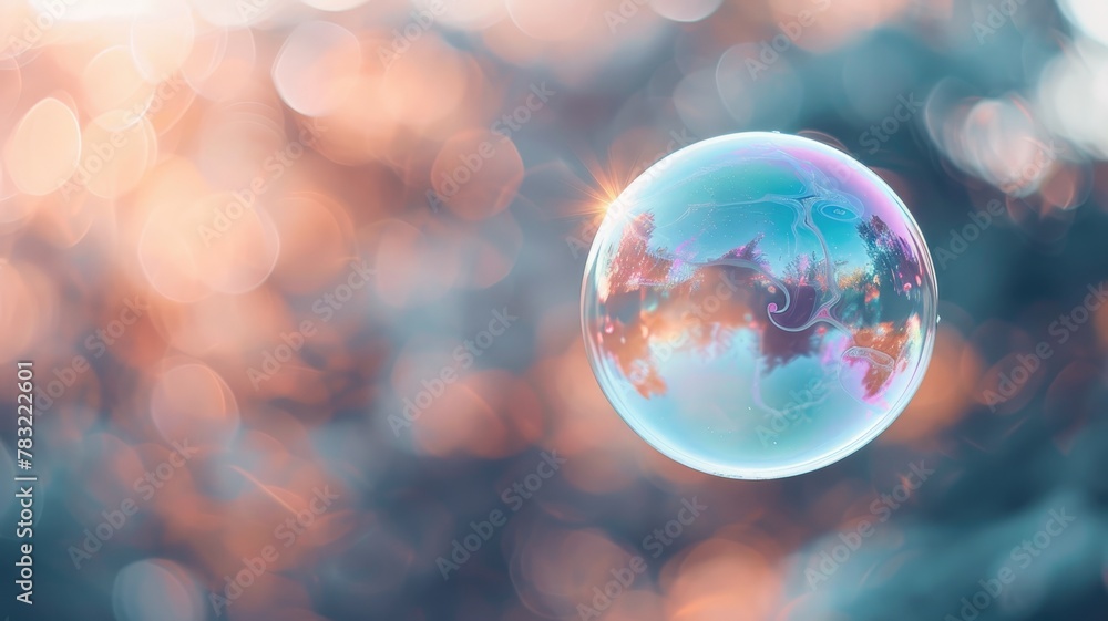 Iridescent soap bubble with bokeh background. - obrazy, fototapety, plakaty 