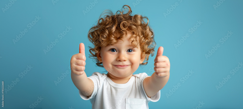 Cheerful curly-haired boy showing thumbs up on blue background Cheerful curly-haired boy showing thumbs up on blue background