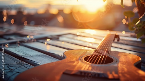 Acoustic guitar on a rooftop at sunset. photo