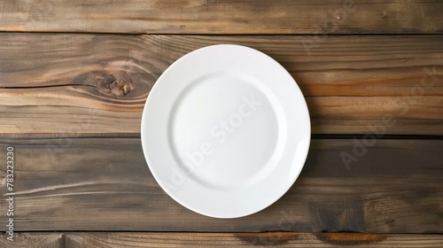 Top view of empty white plate on rustic wooden table.
