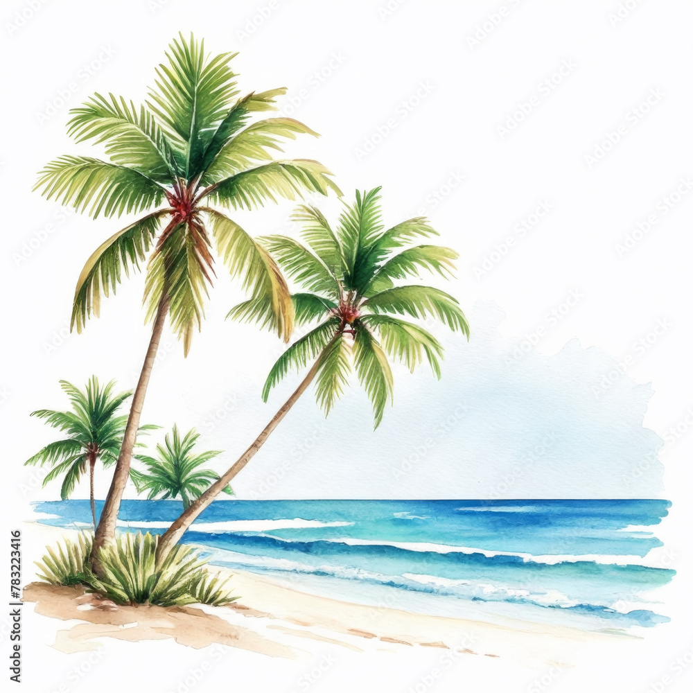 Palm trees on the beach. Hand drawn watercolor illustration. Palm trees on the beach. Hand drawn watercolor illustration.