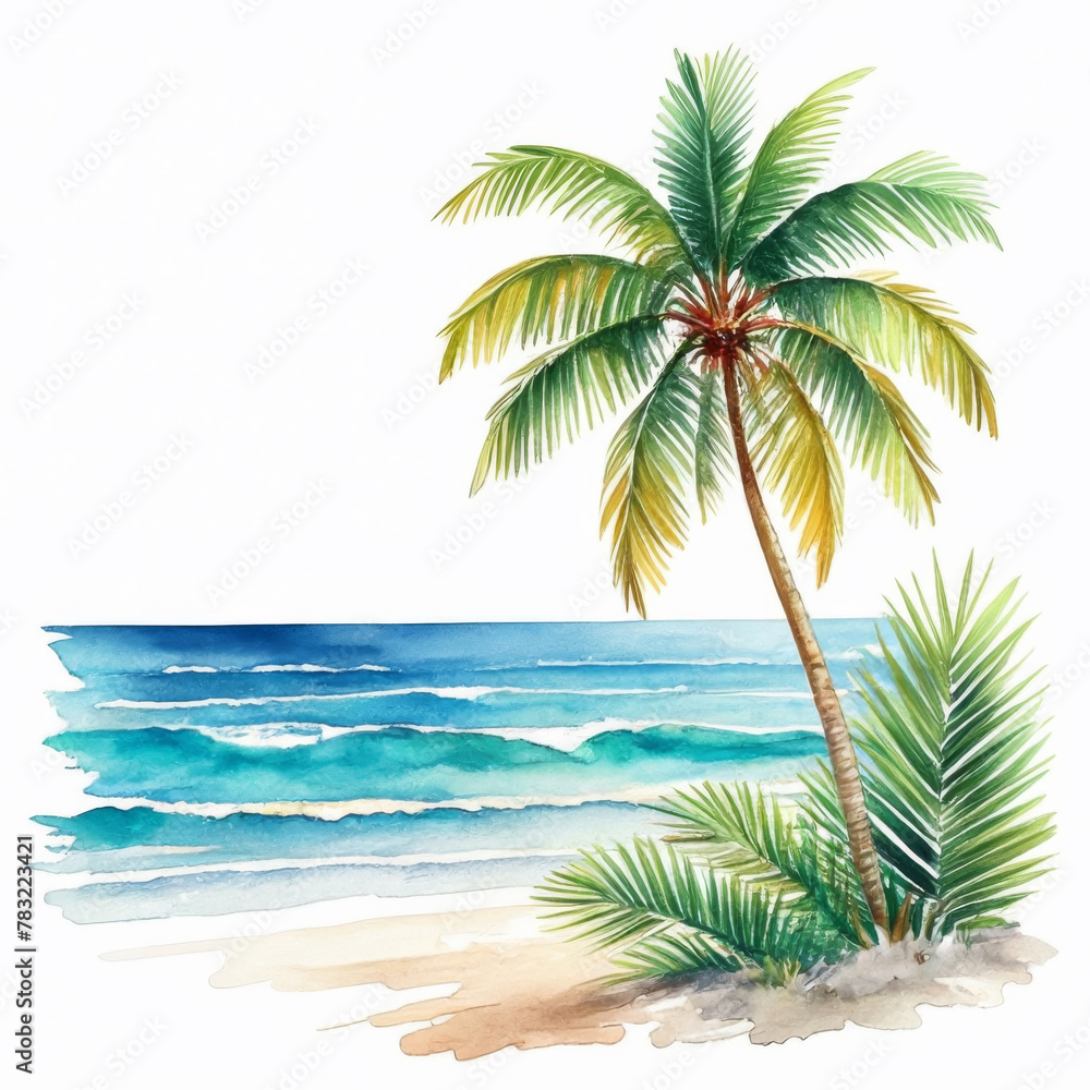 Palm trees on the beach. Hand drawn watercolor illustration.