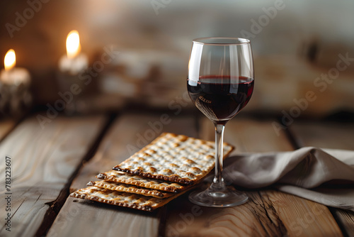 Matzah and red kosher wine. Passover celebration concept. Jewish Pesach holiday with traditional ritual bread. Background for greeting card or banner with copy space photo