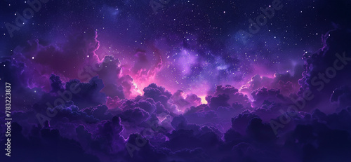 Cosmic sky with sparkling stars above mystical purple clouds