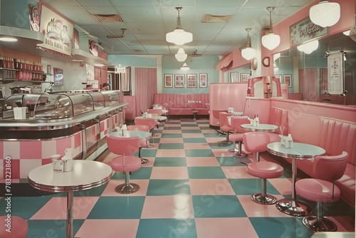 1950s diner advertisement  with checkered floors  jukeboxes  and classic milkshakes in pastel colors