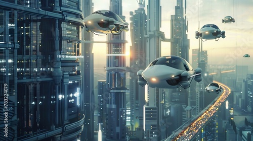 Scifi cityscape with cybersecure flying cars, blending future transport with safety