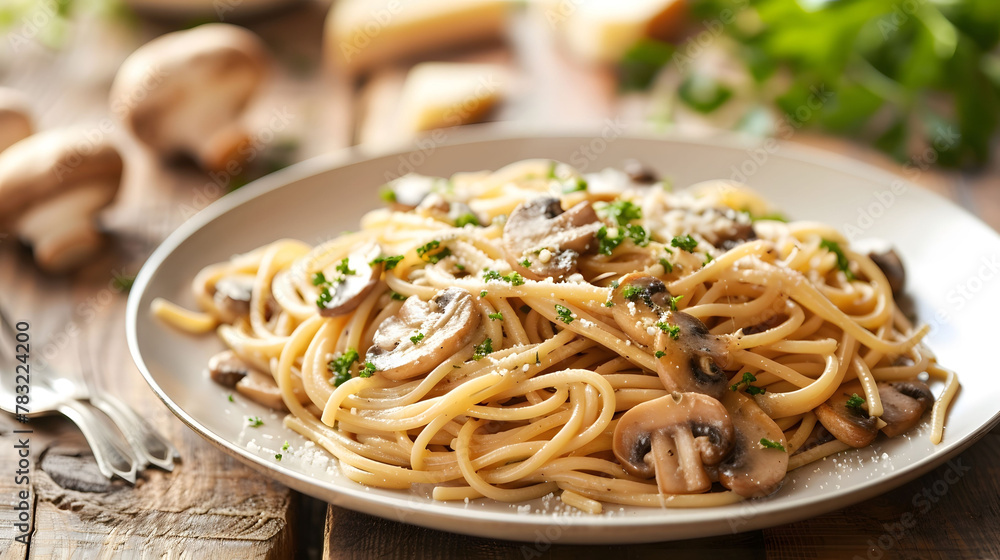 A plate of pasta with mushrooms and parsley on top A plate of pasta with mushrooms and parsley on top