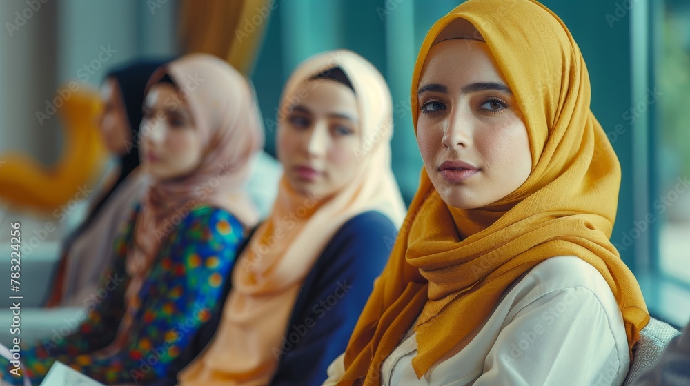 Women of different backgrounds wearing hijab collaborate in a corporate setting Women of different backgrounds wearing hijab collaborate in a corporate setting