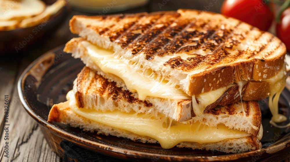 Grilled and pressed toast with smoked ham, cheese served on wooden cutting board Grilled and pressed toast with smoked ham, cheese served on wooden cutting board