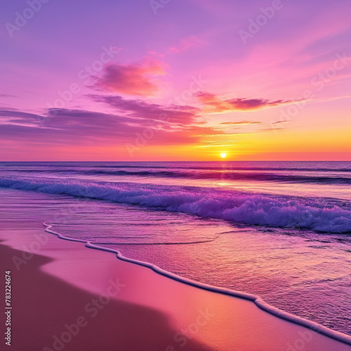 Beautiful sunset on the beach. Colorful sky and waves.