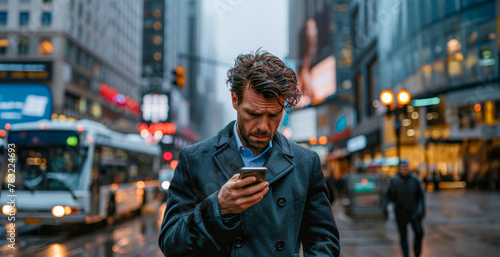 Businessman in overcoat using smartphone on busy street photo