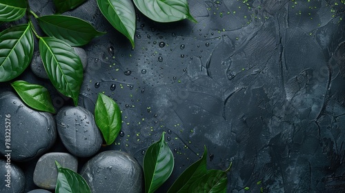 Black spa setting, hot stones and beautiful leaves. Spa and wellness background with stack of hot stones on blackboard. Luxury spa composition and relax concept.