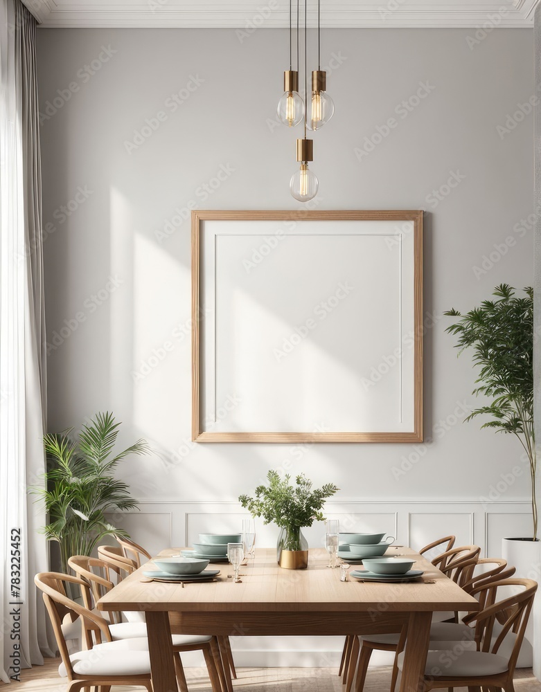 Close-up frame mockup in dining room interior, 3d rendering Close-up frame mockup in dining room interior, 3d rendering