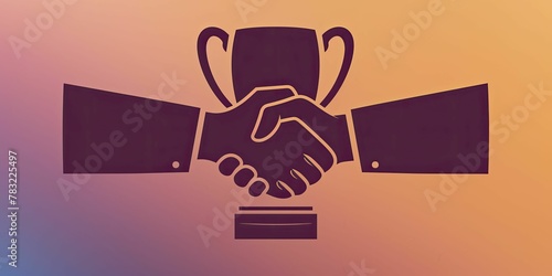 Celebrating successful partnerships in business with a handshake merging into a trophy against a vibrant gradient background.