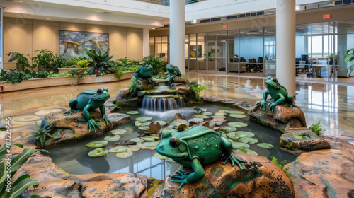 Spacious lobby with a grand fountain as its centerpiece. Surrounding the fountain are intricate frog statues, adding to the elegant ambiance